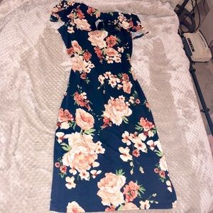 Navy and floral off the shoulder wiggle